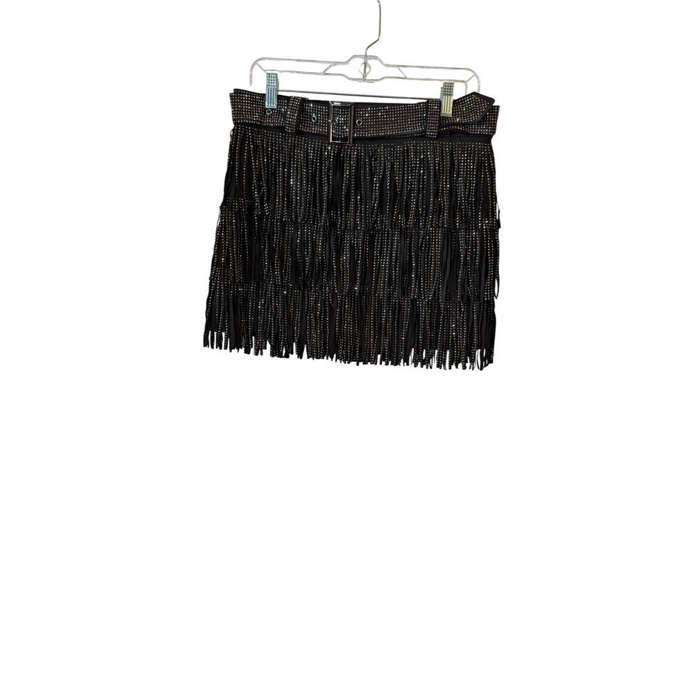 Nylon Apparel Black Studded Fringe Mini Skirt with Belt Large Western Concert